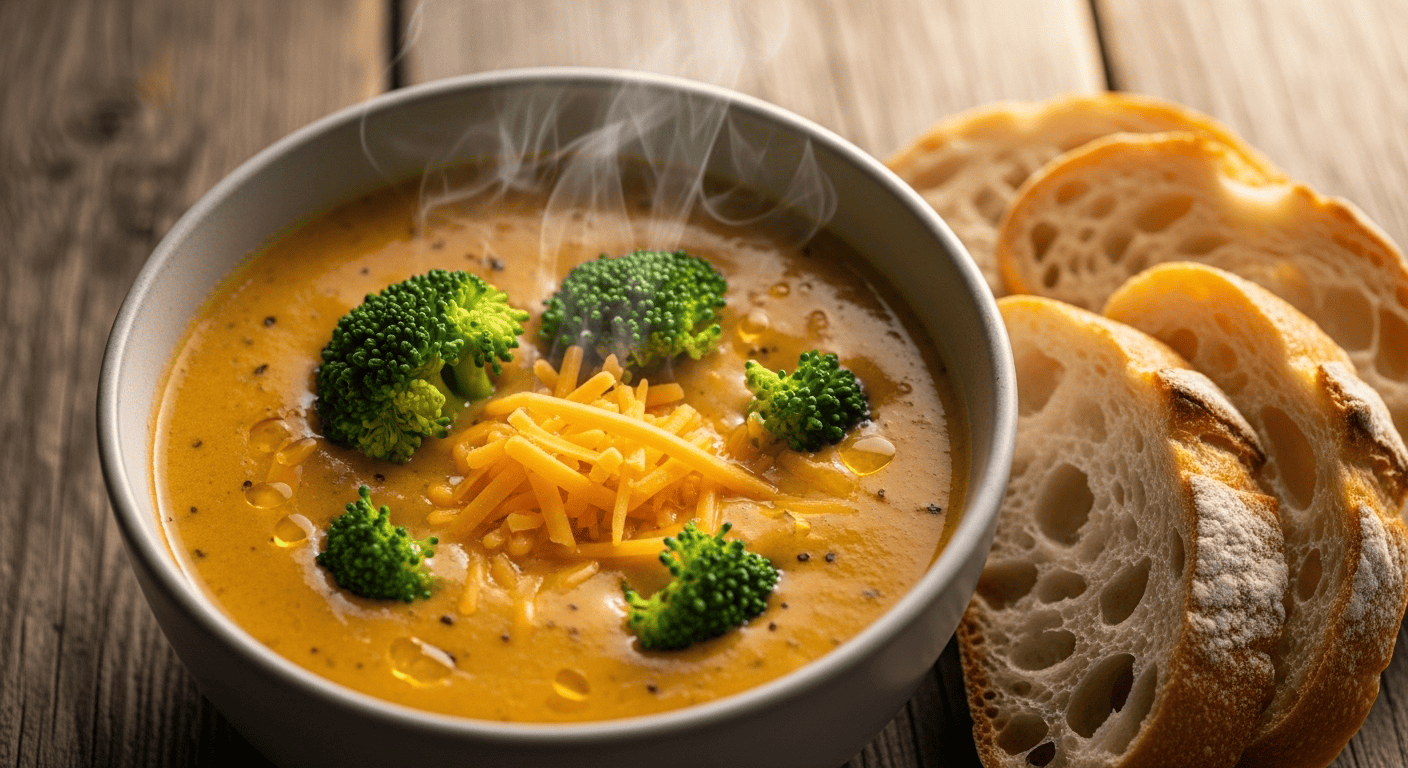 A cozy bowl of warm, creamy broccoli cheese soup garnished with fresh broccoli and shredded cheese.