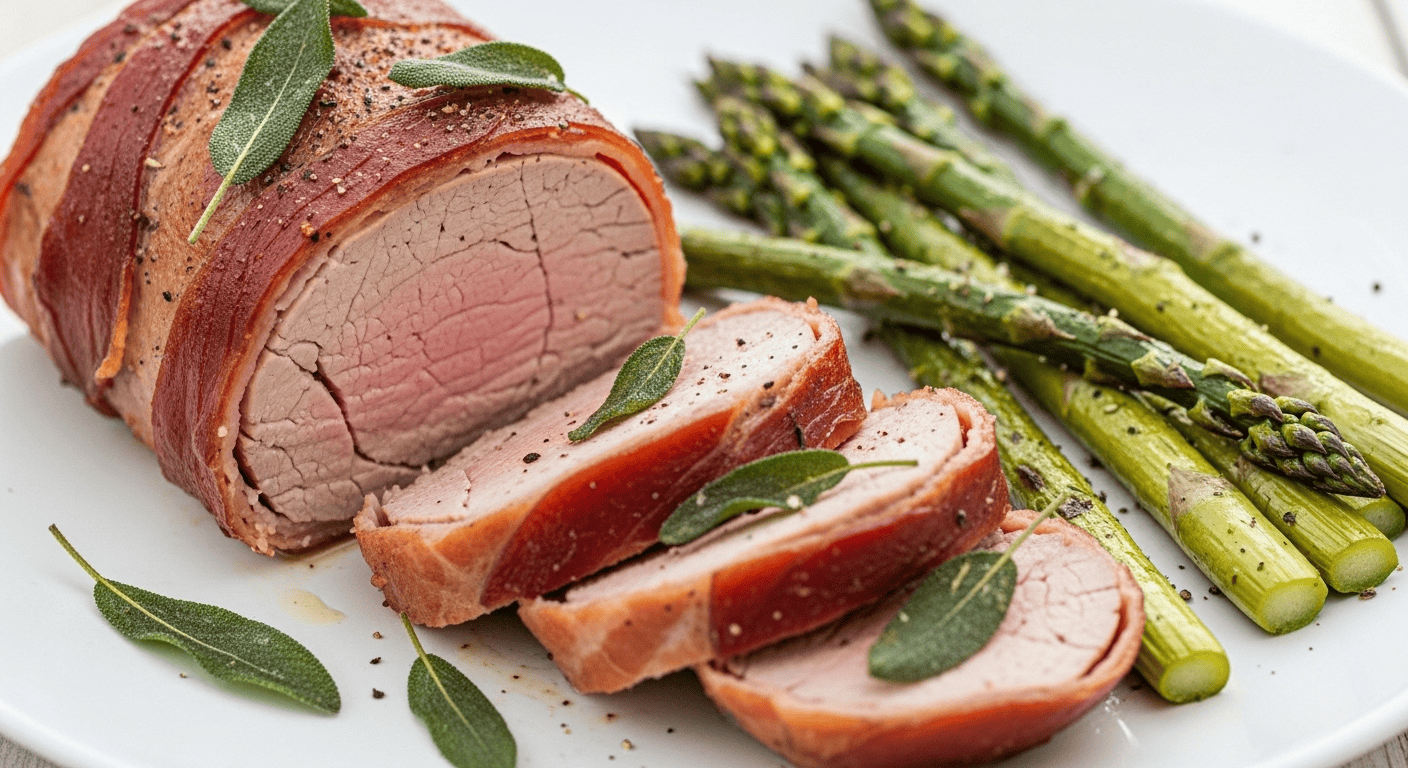 Prosciutto Wrapped Pork Tenderloin: Easy & Elegant Dinner A close-up of beautifully sliced Prosciutto Wrapped Pork Tenderloin on a white plate, garnished with crispy sage leaves and a side of roasted green asparagus.