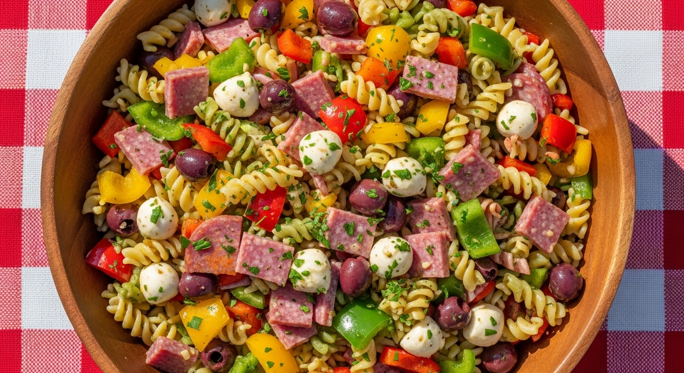 A close-up of a large bowl of **quick Italian pasta salad** with tri-color rotini, salami, bell peppers, and mozzarella, perfect for a picnic or dinner.