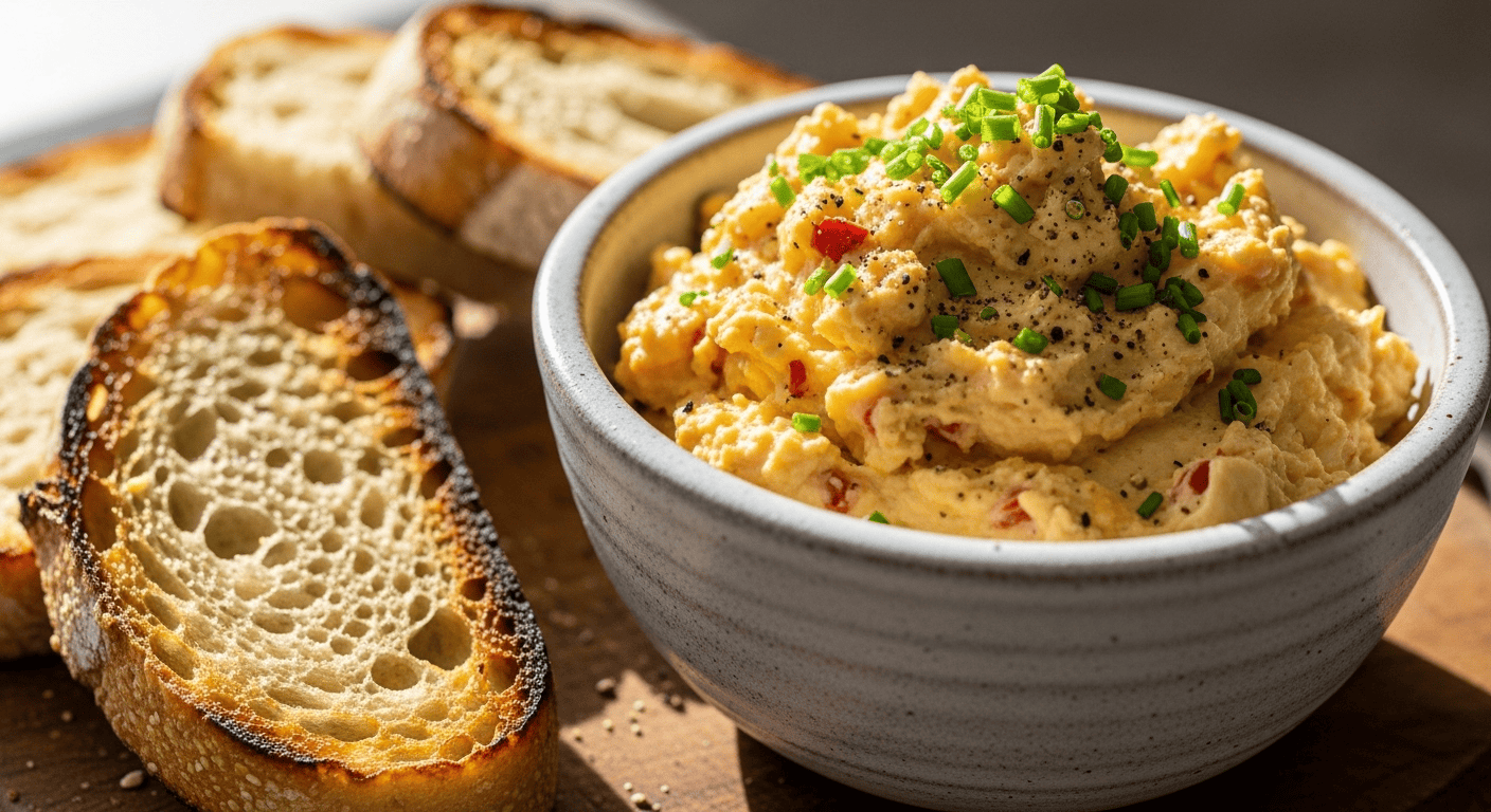 A close-up of a bowl of spicy egg butter spread, garnished with chives, next to toasted sourdough bread on a wooden board. This creamy spread is perfect for breakfast or brunch.