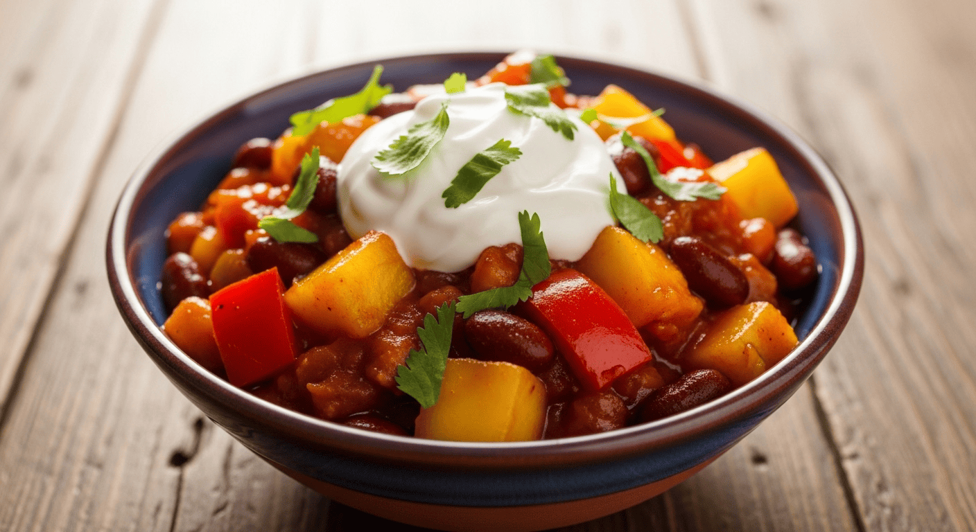 A close-up of a vibrant bowl of Sweet & Spicy Fruity Chili, garnished with fresh cilantro and a dollop of sour cream, ready to be enjoyed.