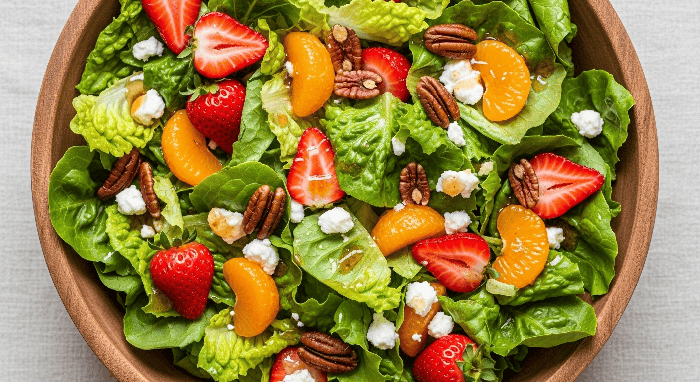 A vibrant green sweet vinaigrette salad in a wooden bowl, glistening with a light, tangy dressing.