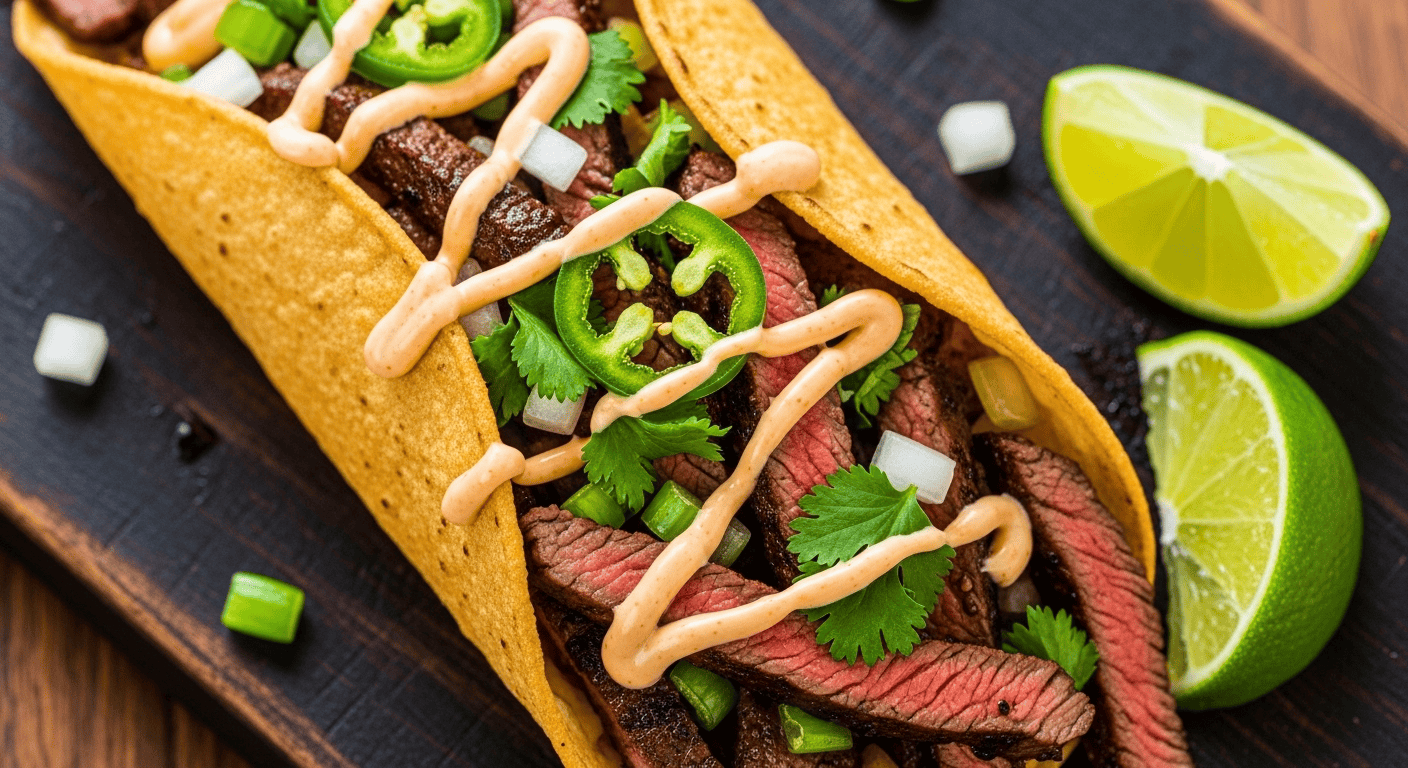 A close-up of a delicious Taco Bell Cheesy Street Chalupa copycat, filled with juicy steak and drizzled with white jalapeño ranch, served on a wooden board.