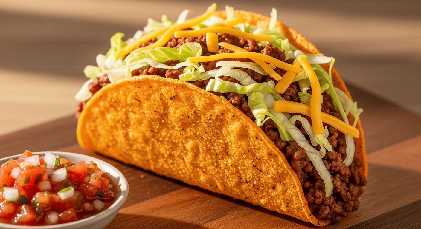 A close-up of a homemade Taco Bell Doritos Locos Taco Copycat on a wooden board, garnished with fresh toppings.