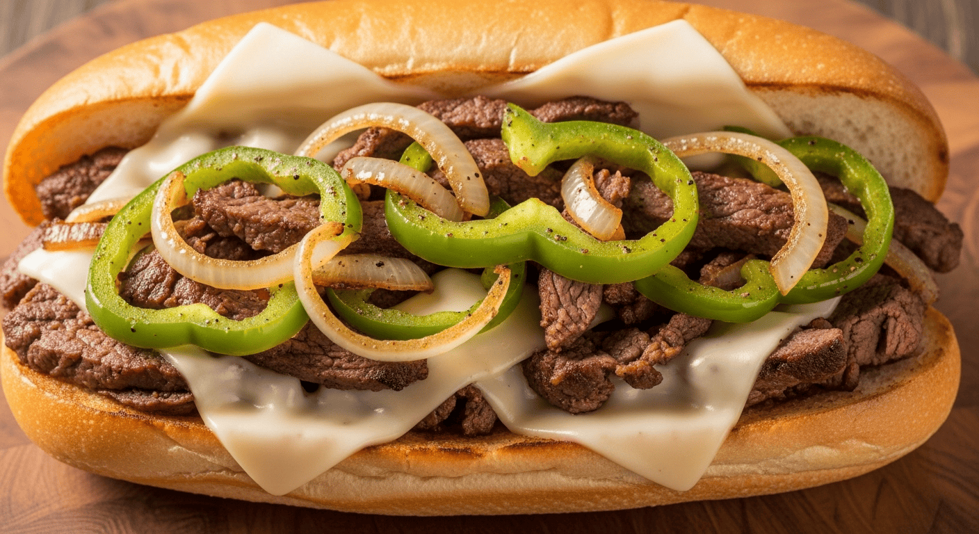 A close-up of a homemade easy Philly Cheesesteak sandwich, filled with steak, onions, peppers, and melted cheese.