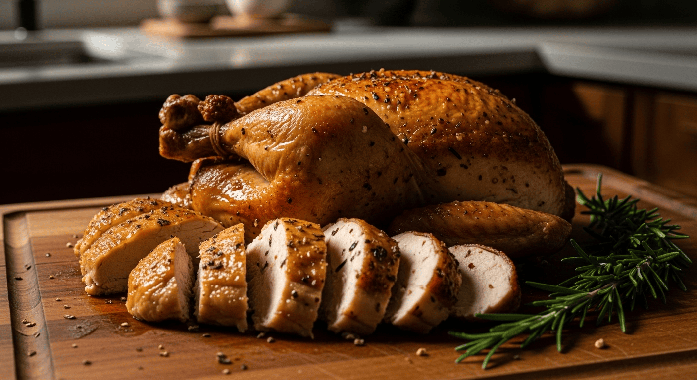 A close-up of a perfectly cooked, golden-brown Juicy Roasted Chicken, carved on a wooden board with fresh herbs.