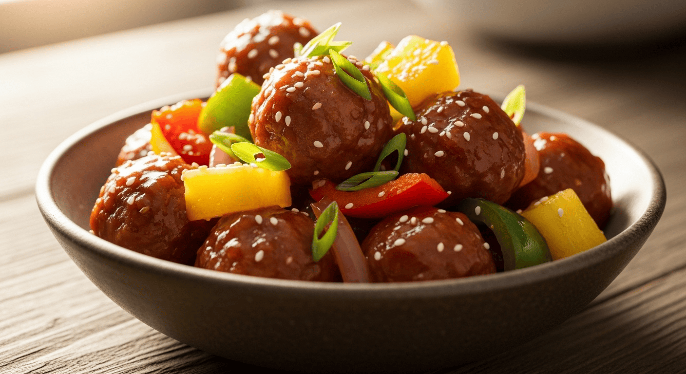 A close-up shot of vibrant Sweet and Sour Meatballs served with fresh pineapple and bell peppers, garnished with spring onions.