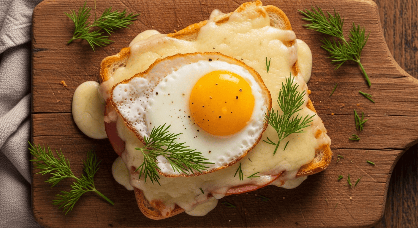A close-up overhead shot of a delicious Croque Madame sandwich with a runny fried egg on top, covered in creamy white sauce on a wooden board.