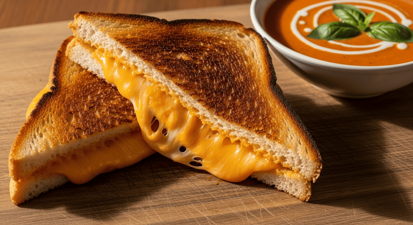 A close-up of an easy grilled cheese sandwich, perfectly golden and crispy, cut diagonally, revealing gooey melted cheddar cheese.
