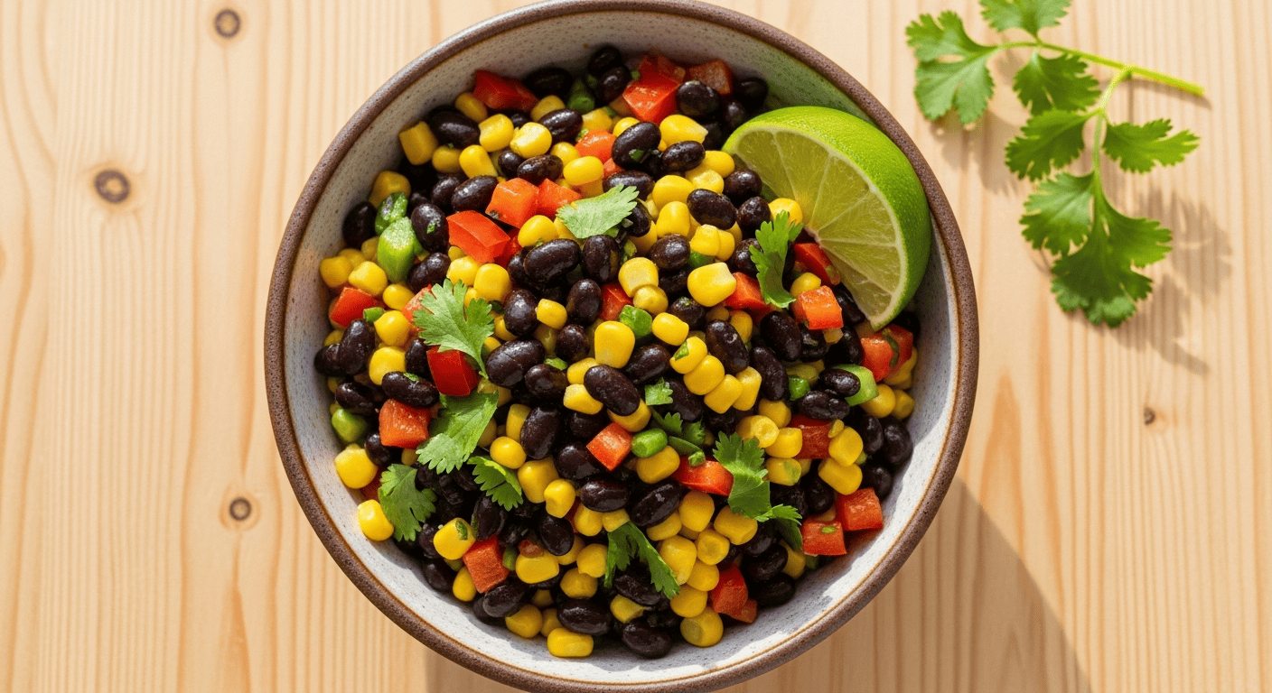 An overhead view of a vibrant and colorful Black Bean Corn Salad in a ceramic bowl, garnished with a lime wedge.
