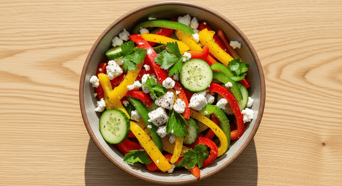 A vibrant bowl of easy summer pepper salad with colorful bell peppers, crumbled feta, and fresh parsley.