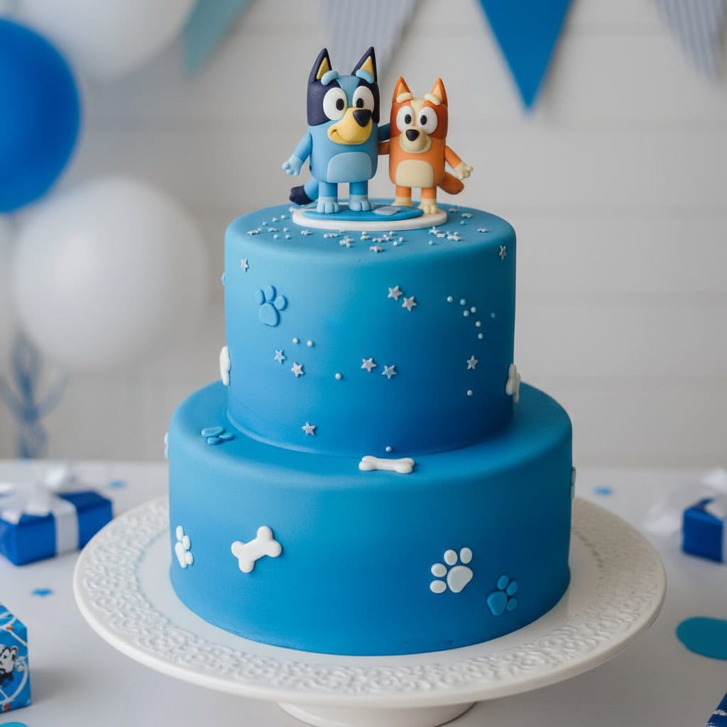 How to Make a Bluey Cake – Step-by-Step Guide & Inspirations Tall blue layer cake with white frosting and silver star sprinkles