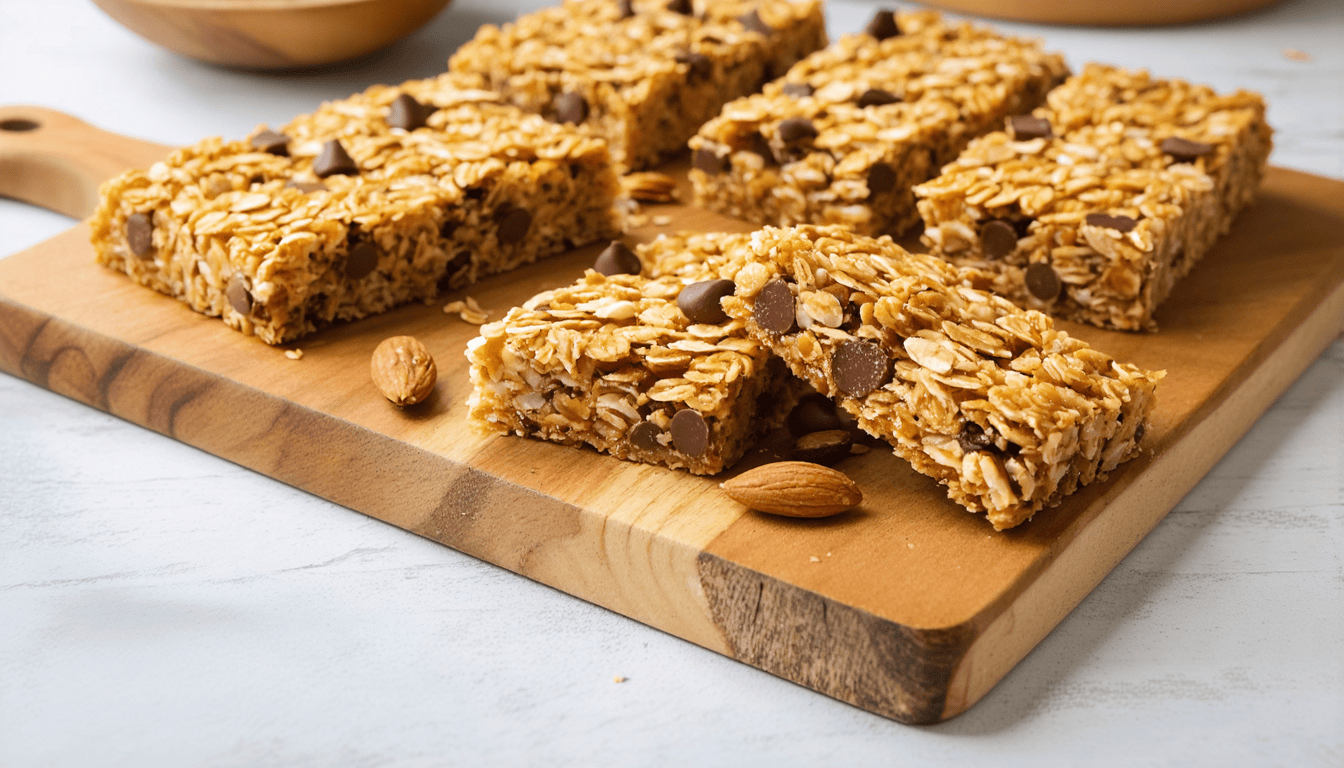 Cereal Bars: Easy No-Bake Snack Ready in 10 Minutes Sliced homemade cereal bar showing interior with cereal, oats, almonds, chocolate chips on cutting board.