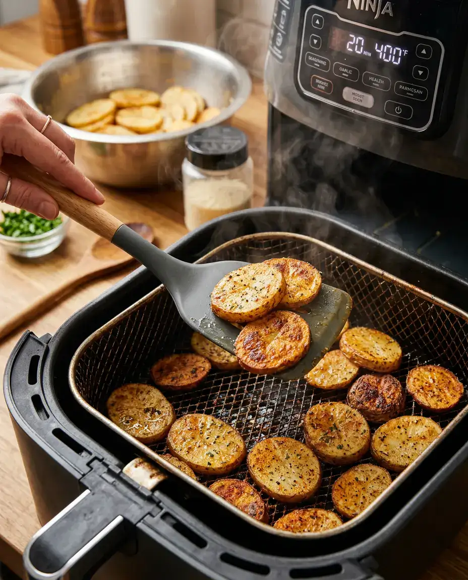 Seasoned air fryer sliced potatoes being flipped in a basket as edges turn crispy
