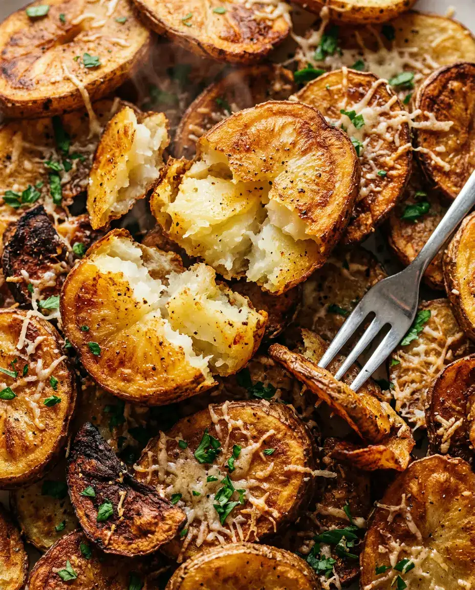 Steamy air fryer sliced potatoes with crispy crust and soft centers ready to eat