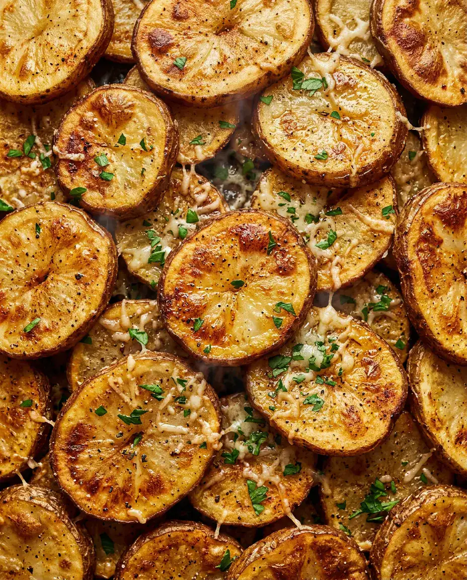 Close-up of crispy air fryer sliced potatoes with parmesan, parsley, and golden edges
