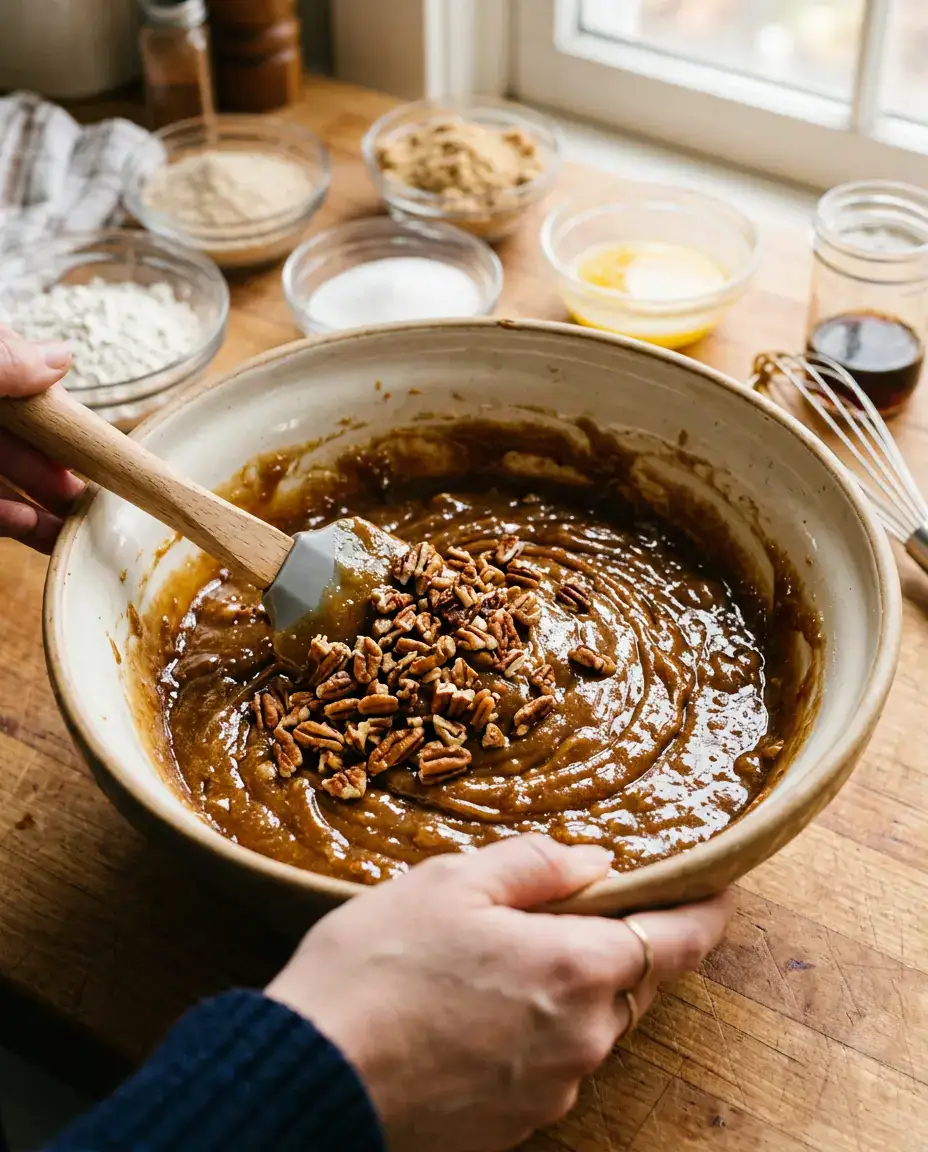 Spatula folding toasted pecans into glossy Alabama pecan bread batter in a mixing bowl