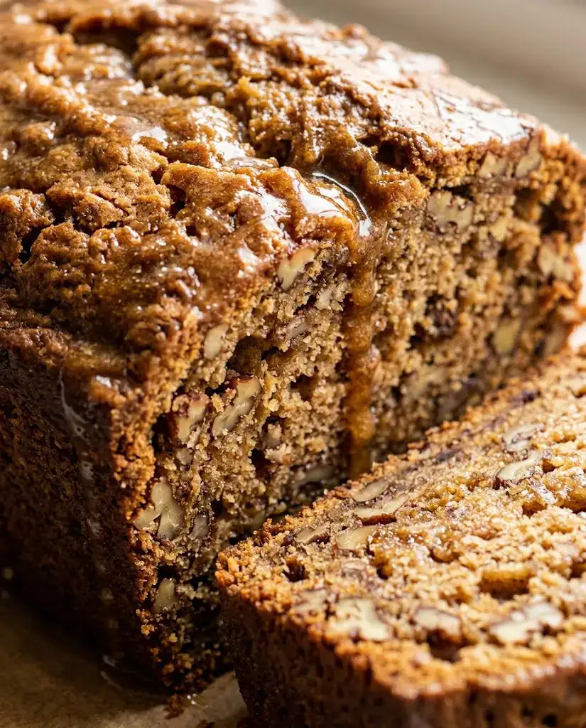 Close-up of sliced Alabama pecan bread with maple glaze and toasted pecans inside