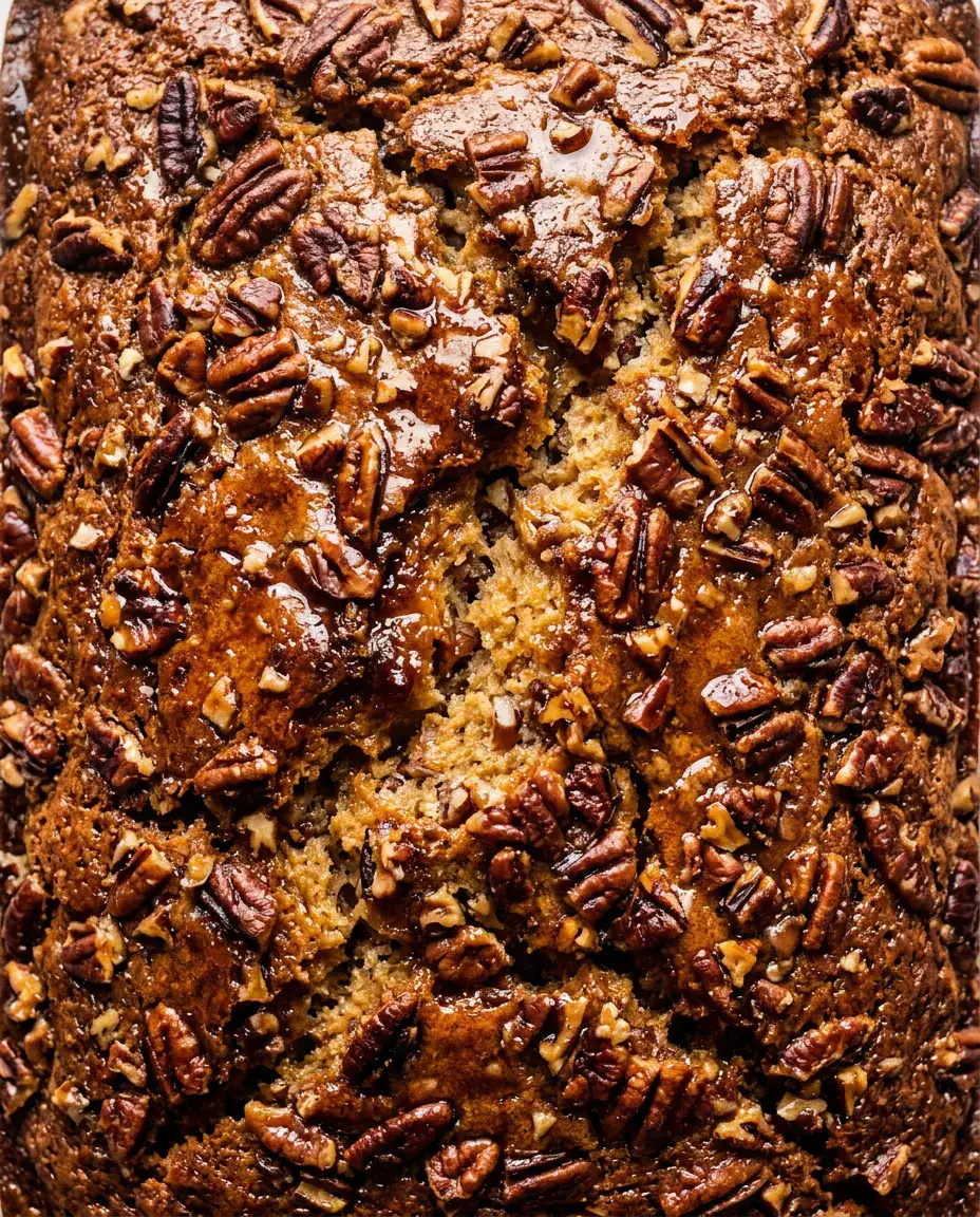 Overhead view of Alabama pecan bread with maple glaze, crackled top, and toasted pecans