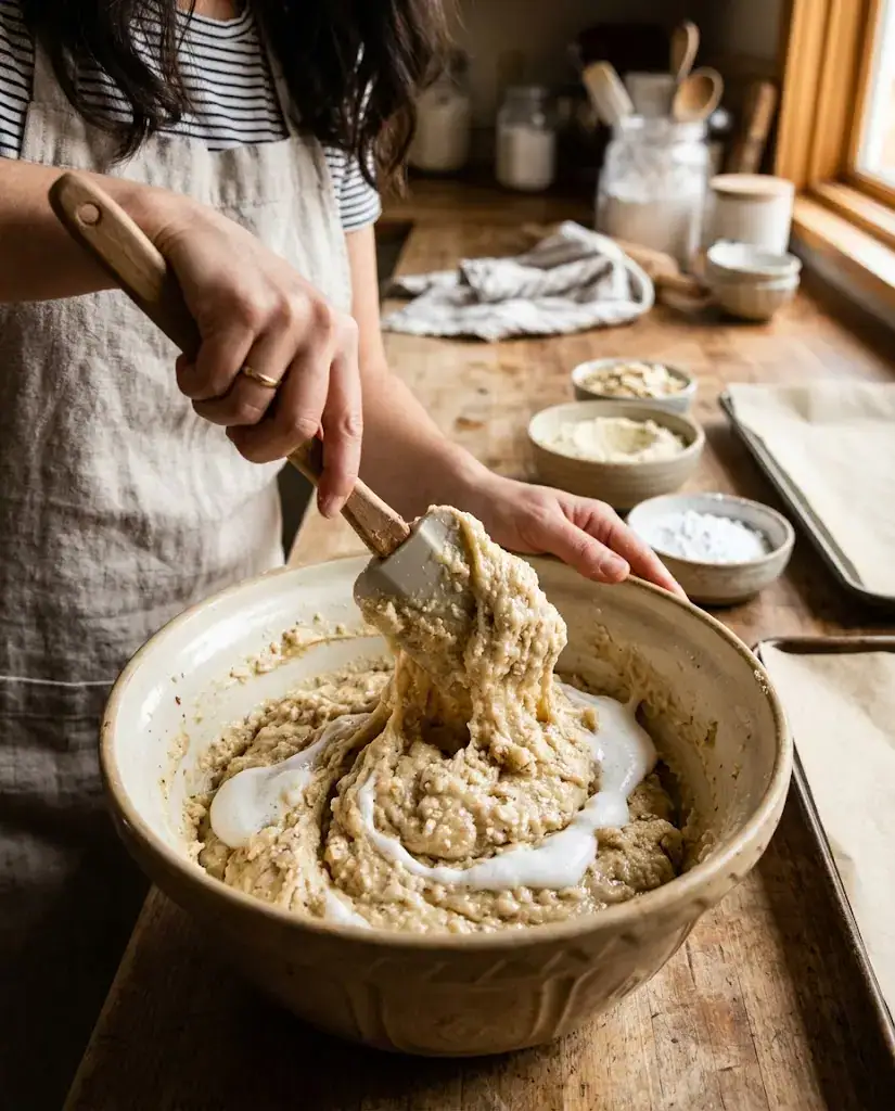 Mixing almond paste cookies batter into a thick glossy dough with almond paste and egg whites