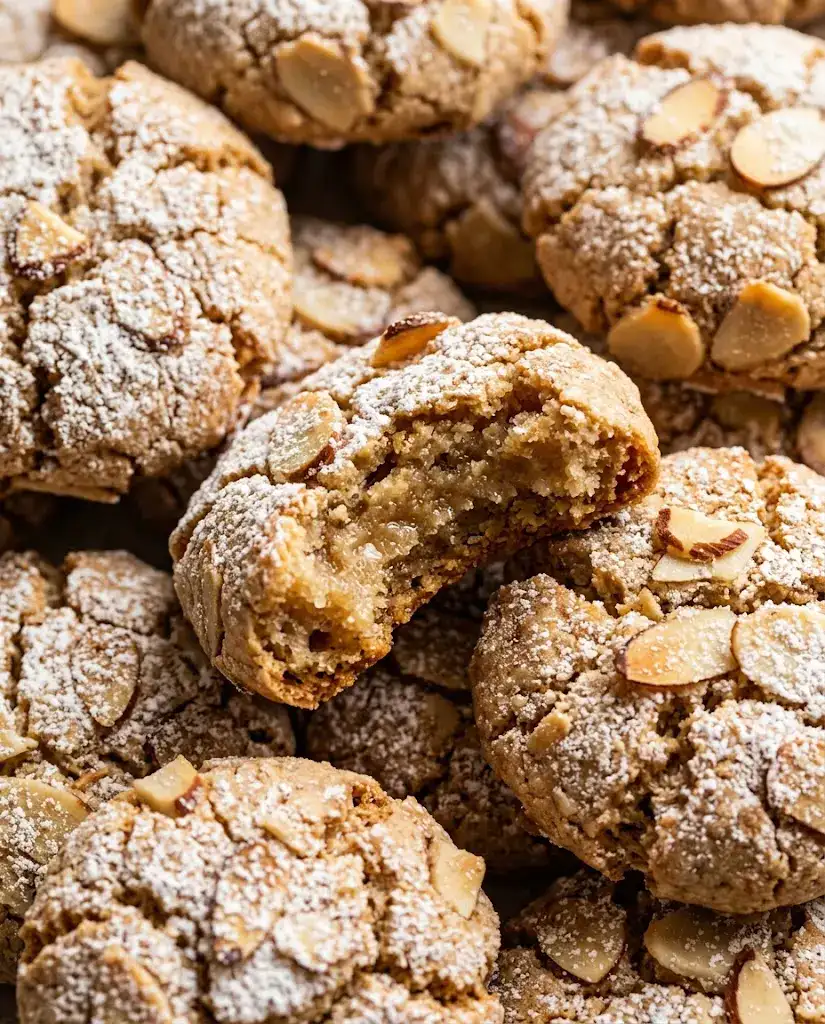 Almond paste cookies with crackled tops and a broken cookie showing a moist chewy almond center