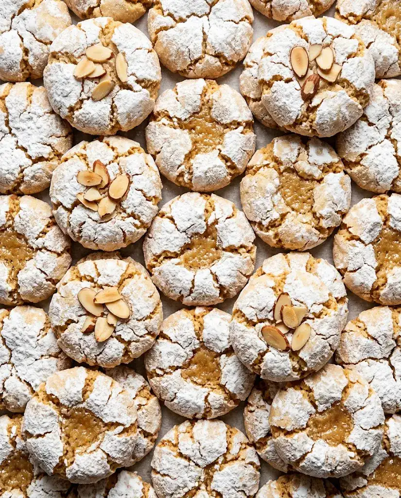 Close-up of almond paste cookies with crackled sugar tops, chewy centers, and golden edges