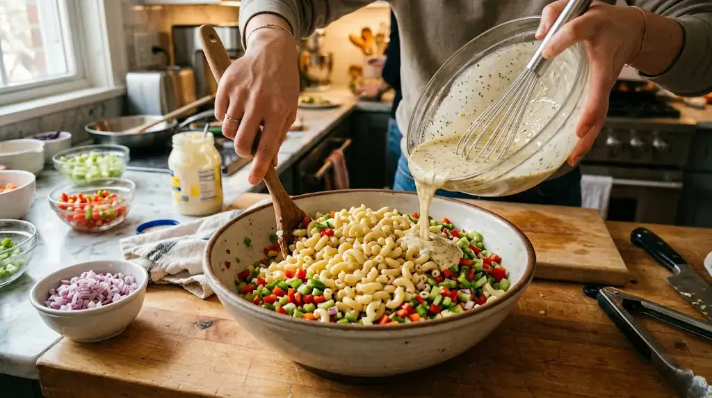 Amish Macaroni Salad Recipe for Summer Potlucks (Easy) Large bowl with elbow macaroni being mixed into vegetables and creamy dressing for Amish macaroni salad