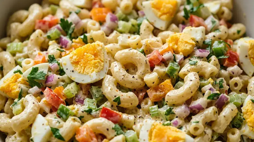 Amish Macaroni Salad Recipe for Summer Potlucks (Easy) Close-up of creamy Amish macaroni salad with vegetables and chopped eggs ready to serve