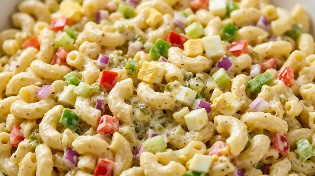 Amish Macaroni Salad Recipe for Summer Potlucks (Easy) Extreme close-up of creamy Amish macaroni salad with colorful veggies and chopped eggs