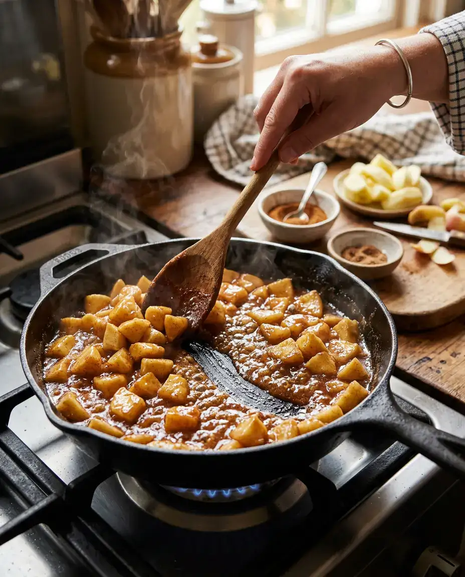 Skillet of apple empanadas filling with bubbling cinnamon apples and glossy brown sugar sauce