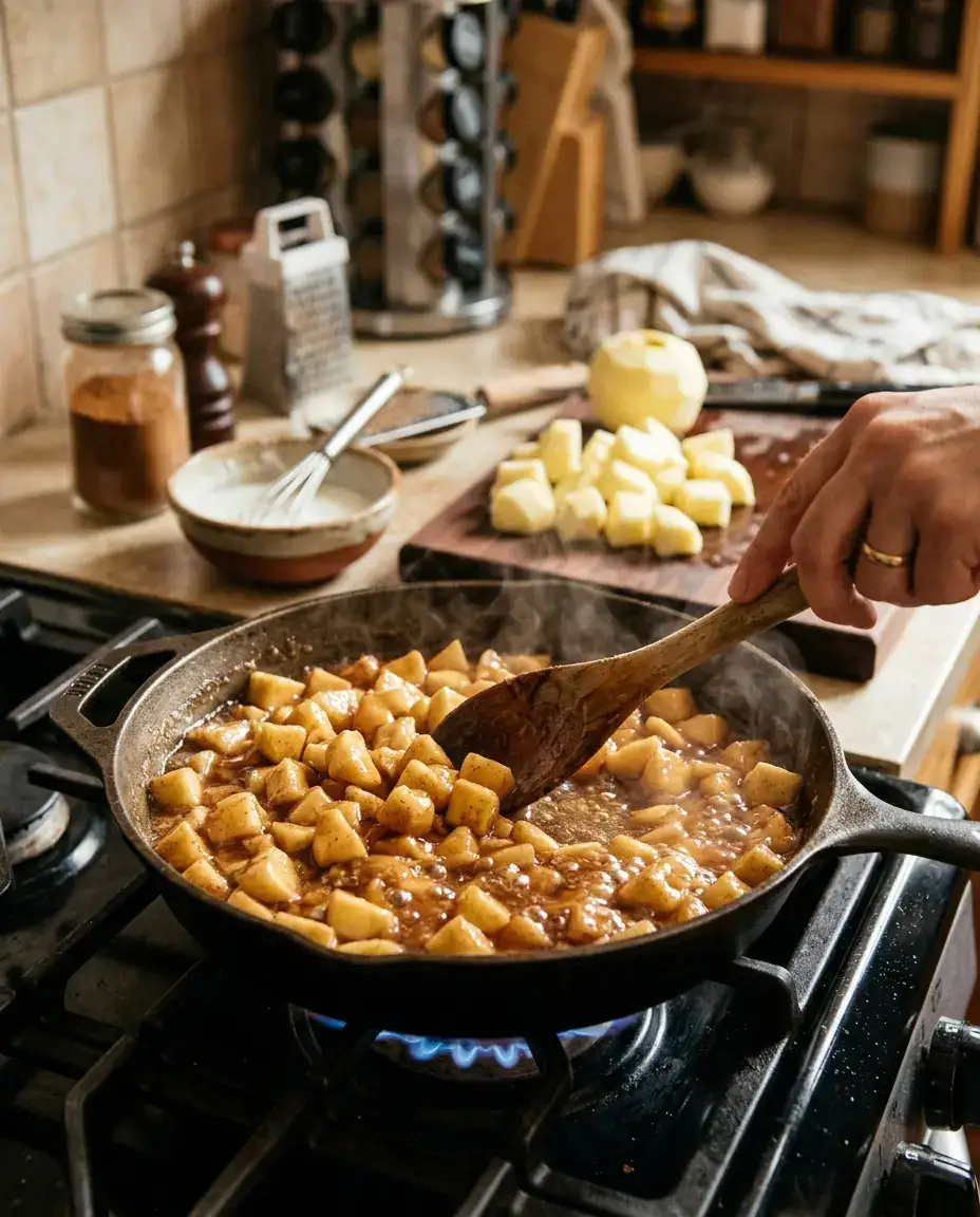 Diced apples cooking in cinnamon sugar syrup for apple pie biscuits filling in a skillet
