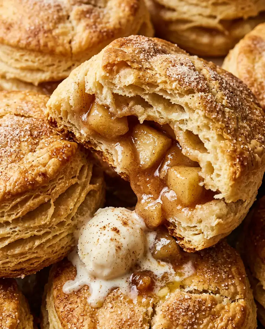 Split apple pie biscuits showing soft dough and gooey cinnamon apple filling inside