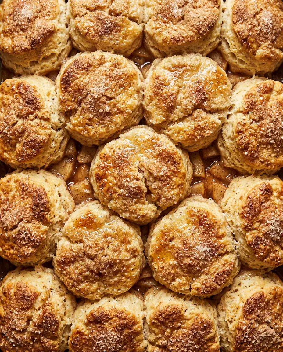 Fresh apple pie biscuits with golden buttery tops and cinnamon sugar crust baked close together