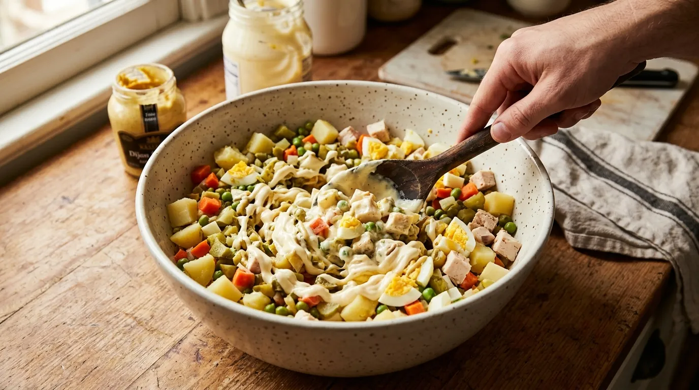 Mixing authentic Olivier salad recipe in a bowl with potatoes, carrots, peas, eggs, chicken, and creamy mayo