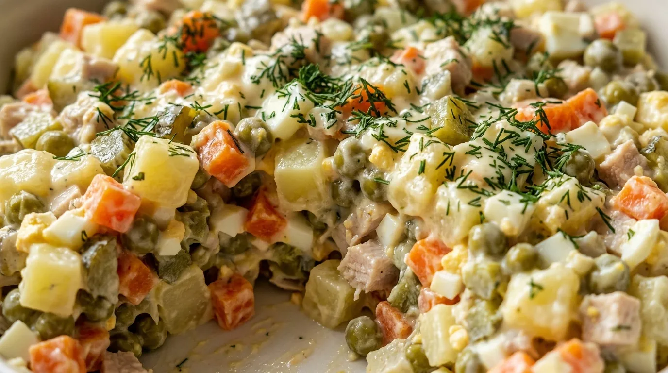 Close-up of authentic Olivier salad recipe ready to serve with potatoes, carrots, peas, eggs, chicken, and dill