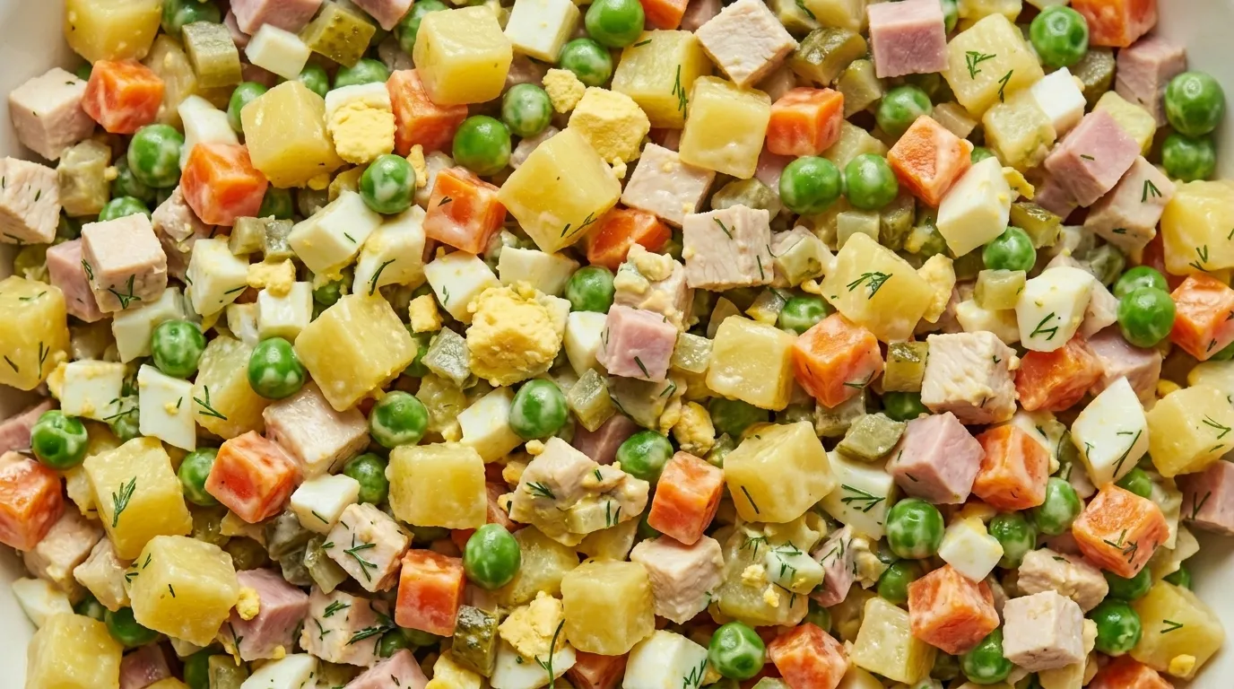 Authentic Olivier Salad Recipe for Creamy Russian Salad Close-up of authentic Olivier salad recipe with potatoes, carrots, peas, eggs, chicken, and creamy mayonnaise