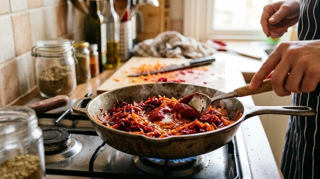 Authentic Ukrainian Borscht With Hearty Beef and Veggies Skillet with grated beets and carrots cooking for authentic Ukrainian borscht