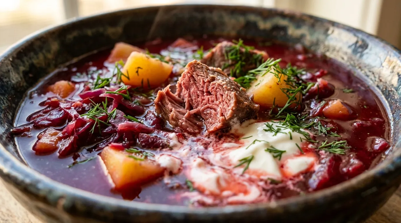 Authentic Ukrainian Borscht With Hearty Beef and Veggies Close-up of authentic Ukrainian borscht with beef, potatoes, cabbage, sour cream, and dill