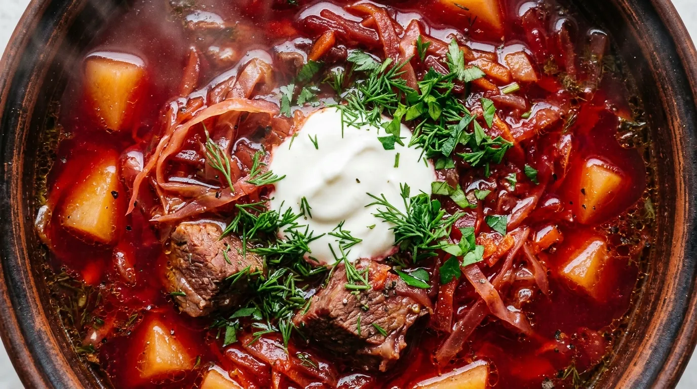 Overhead view of authentic Ukrainian borscht with beef, potatoes, cabbage, sour cream, and dill