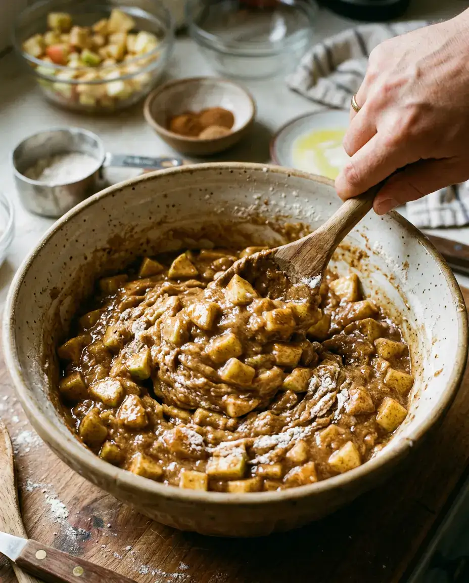 Baked Apple Fritters With Sweet Vanilla Glaze Baked apple fritter batter being mixed with diced cinnamon apples in a large bowl