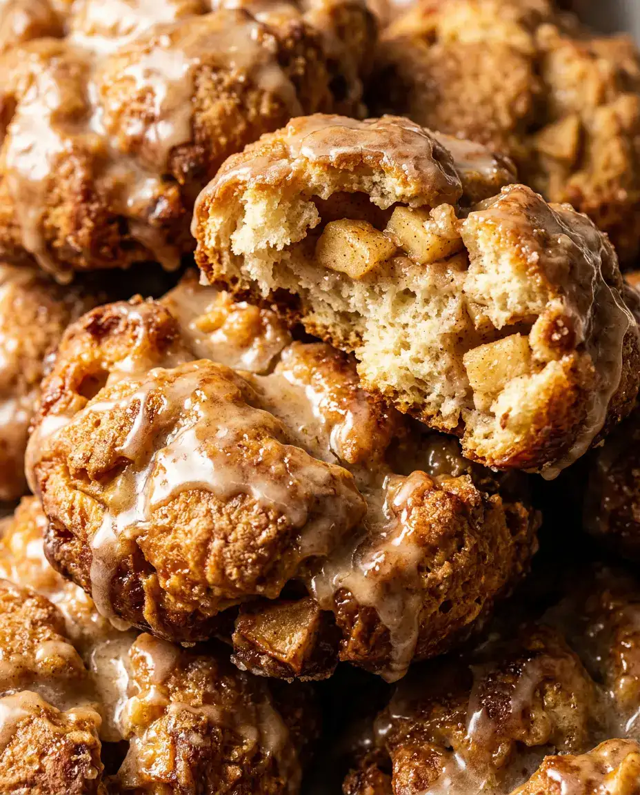 Baked Apple Fritters With Sweet Vanilla Glaze Stacked baked apple fritters with glossy glaze and soft cinnamon apple filling exposed