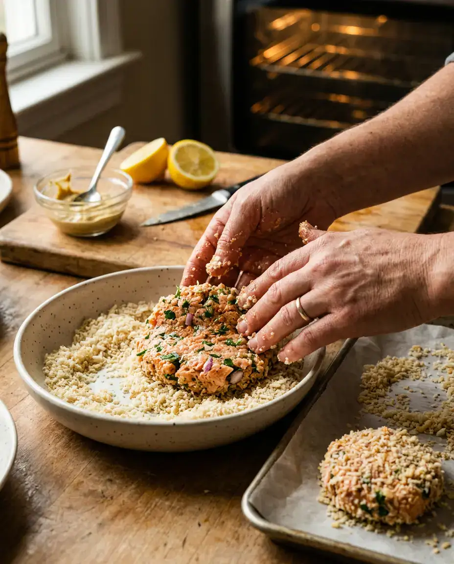 Baked Salmon Patties With Crispy Golden Edges Hands shaping baked salmon patties and pressing them into panko crumbs beside a parchment-lined tray.