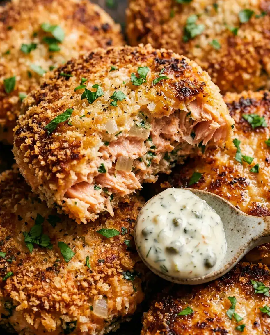 Baked Salmon Patties With Crispy Golden Edges Close-up serving view of baked salmon patties with crisp crust, flaky center, parsley, and tartar sauce.