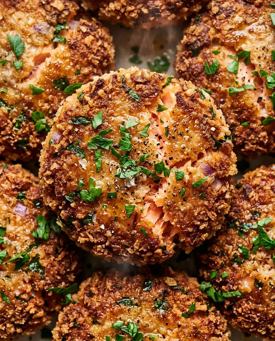 Baked Salmon Patties With Crispy Golden Edges Extreme overhead close-up of baked salmon patties with golden panko crust, parsley, and flaky pink salmon centers.