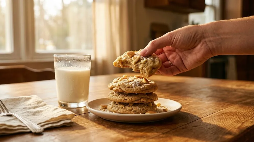 Banana Pudding Cookies With Vanilla Wafers A hand reaching to pick up a soft banana pudding cookie from a stack on a plate, with a glass of milk in golden-hour sunlight.