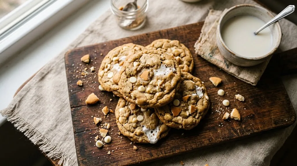 Banana Pudding Cookies With Vanilla Wafers A stack of golden-brown banana pudding cookies on a wooden board, with marshmallow and white chocolate chips, beside a small bowl of milk.