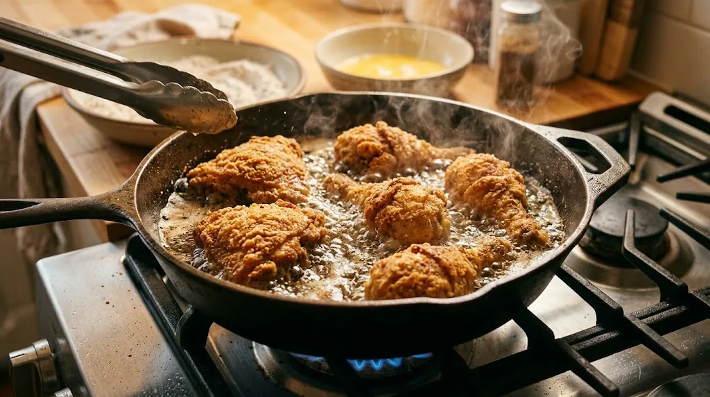 Bang Bang Chicken recipe process – golden chicken pieces sizzling in a cast-iron skillet with oil and steam rising.
