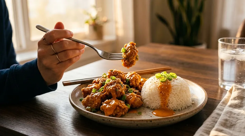 Bang Bang Chicken recipe serving – fork piercing chicken on rice with sauce and garnishes.