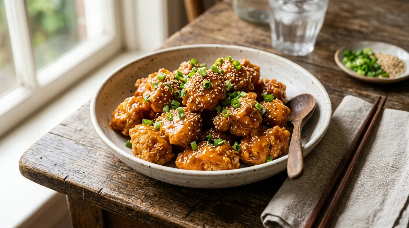 Bang Bang Chicken recipe – crispy chicken pieces coated in creamy orange-red sauce with green onions and sesame seeds on a rustic table.