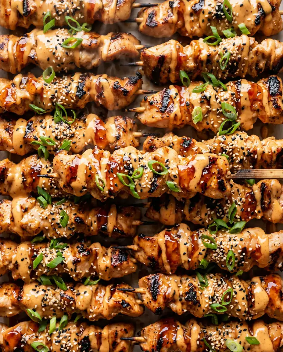Bang Bang Chicken Skewers With Creamy Spicy Sauce Bang bang chicken skewers coated in creamy chili sauce with charred grilled edges and sesame seeds